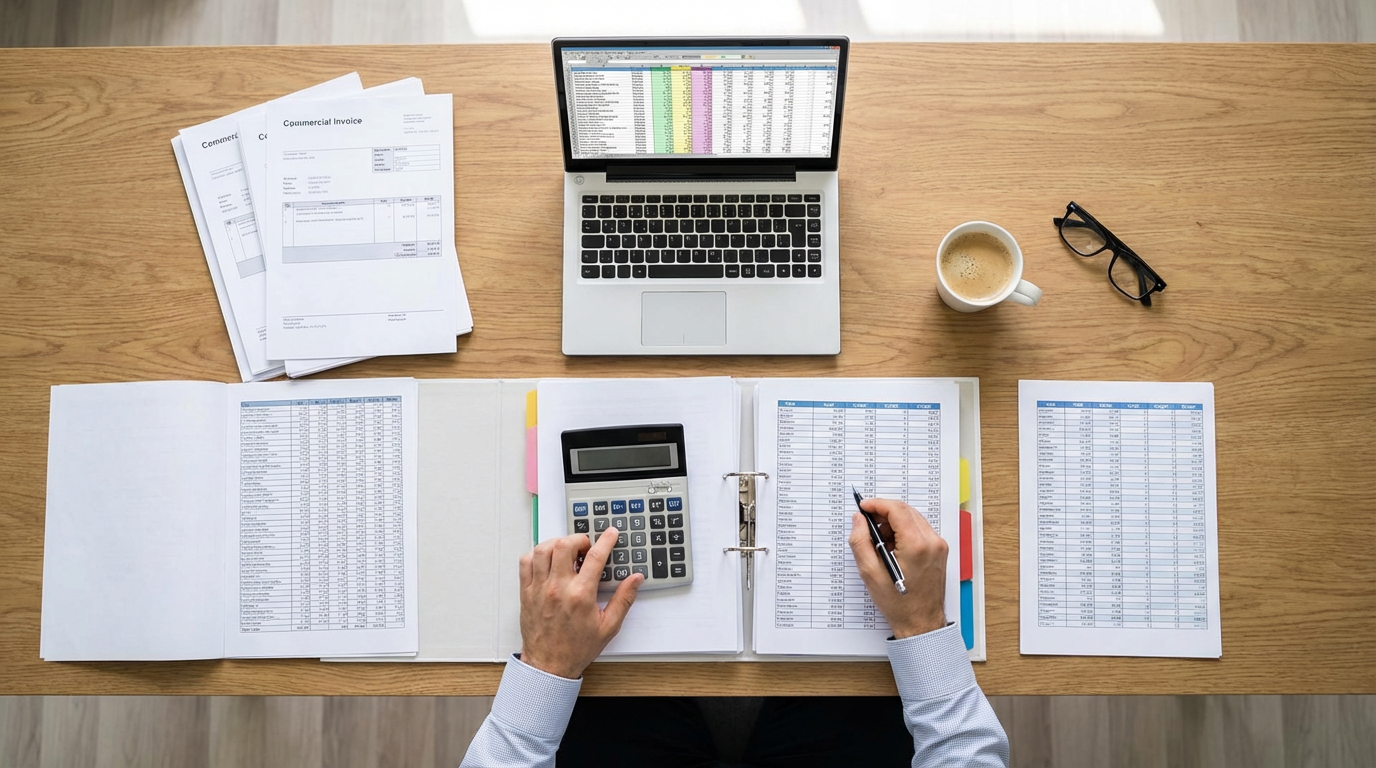 Landed cost calculation worksheet for restaurant equipment import showing tariffs, freight, insurance and port fees