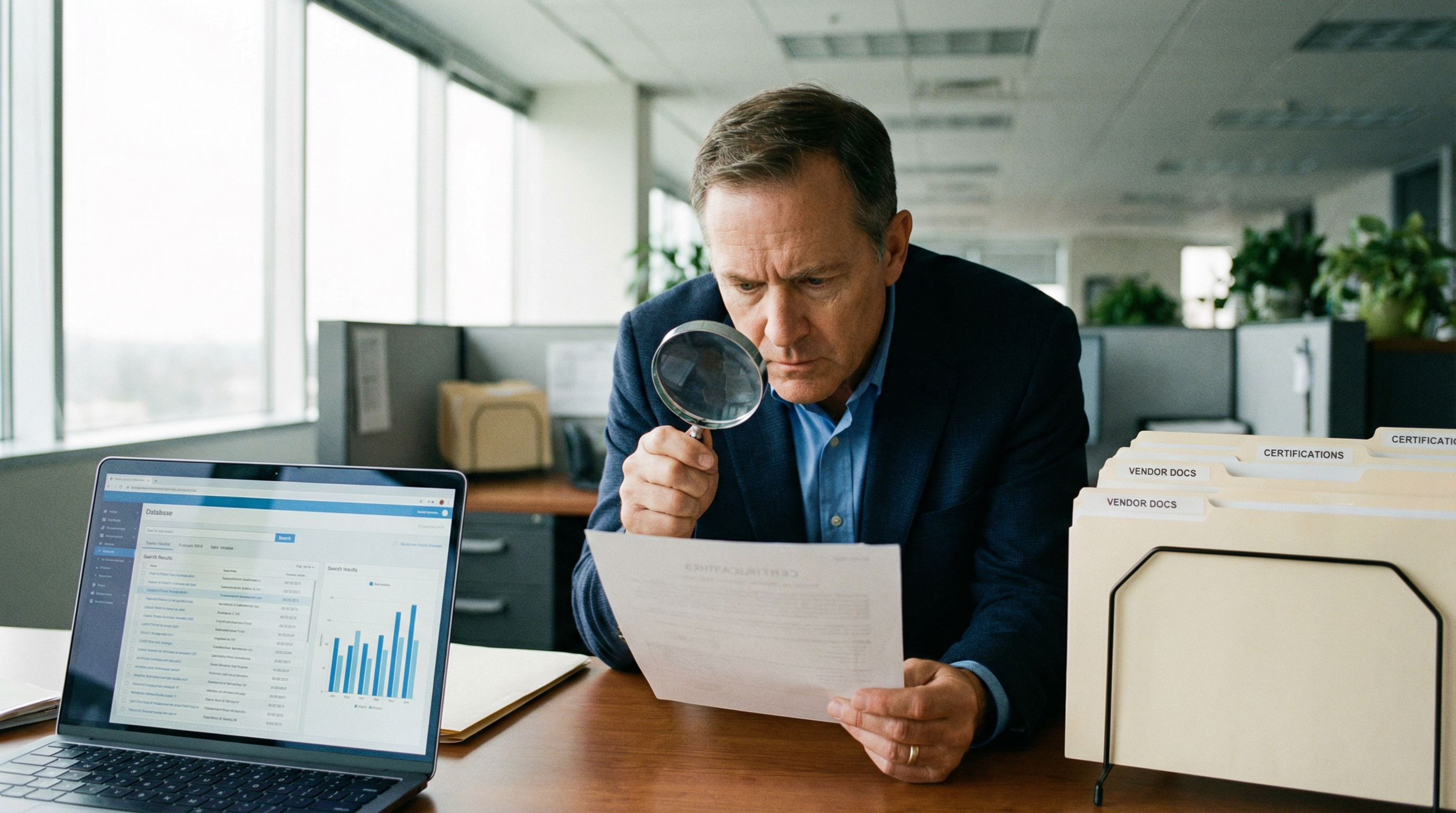 Buyer inspecting supplier certification documents for authenticity and current validity