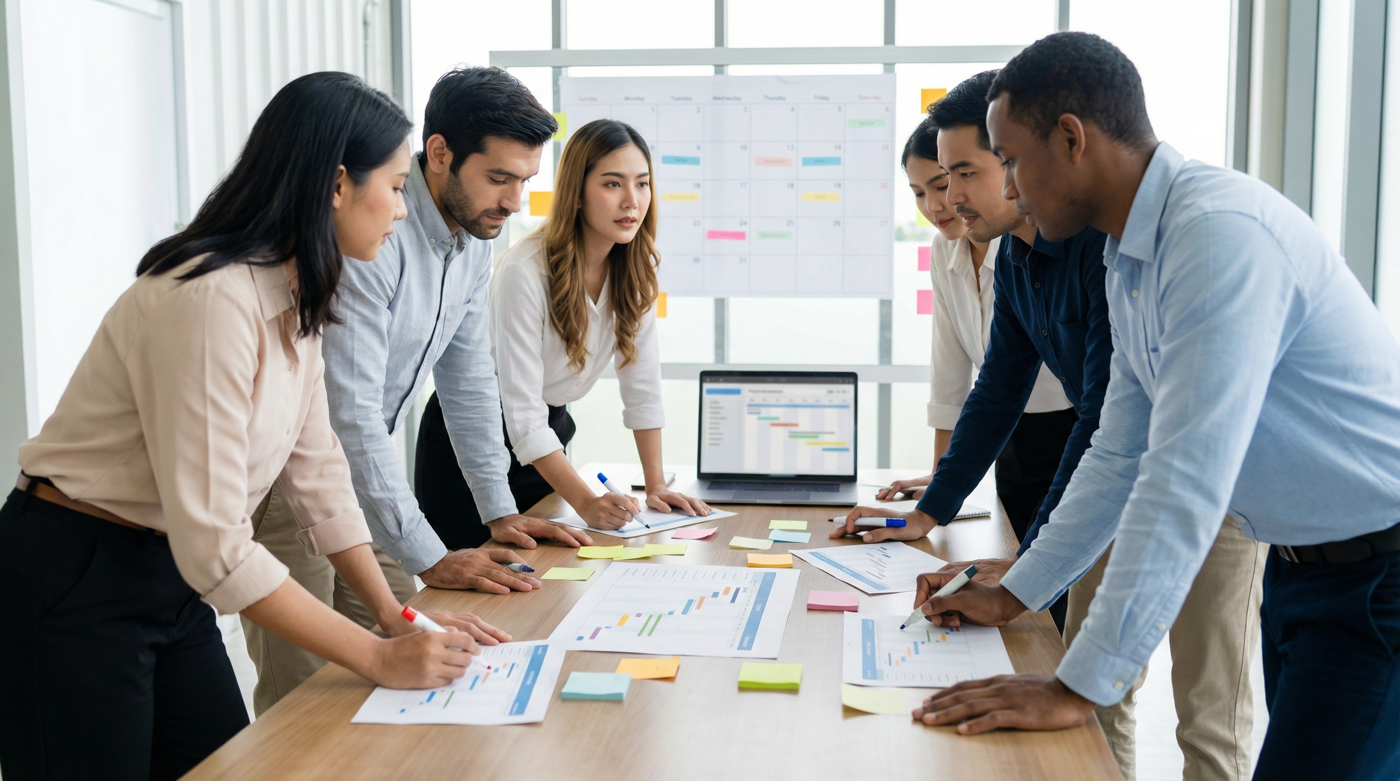 Project timeline chart showing phased rollout of equipment procurement across 50 restaurant chain locations over 24 months