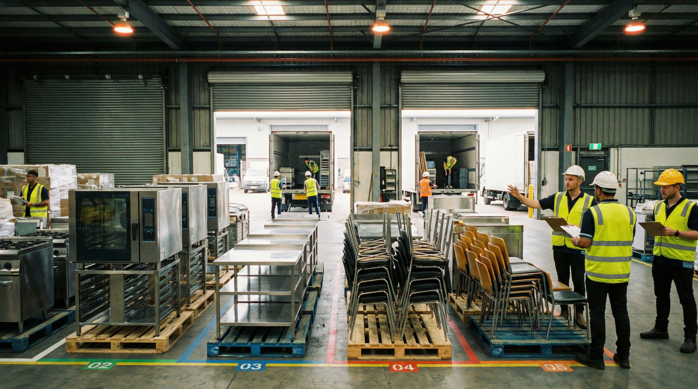 Commercial kitchen equipment staged at a distribution center ready for delivery to multiple restaurant chain locations