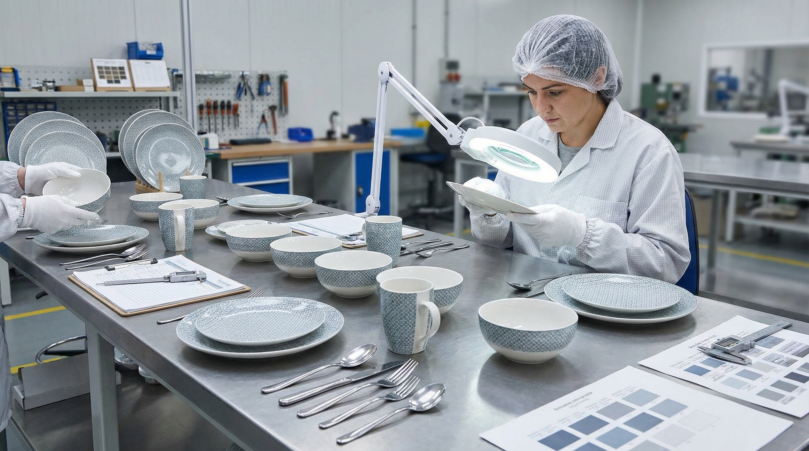 Custom branded tableware and uniforms laid out for quality approval before bulk shipment to franchise restaurant locations