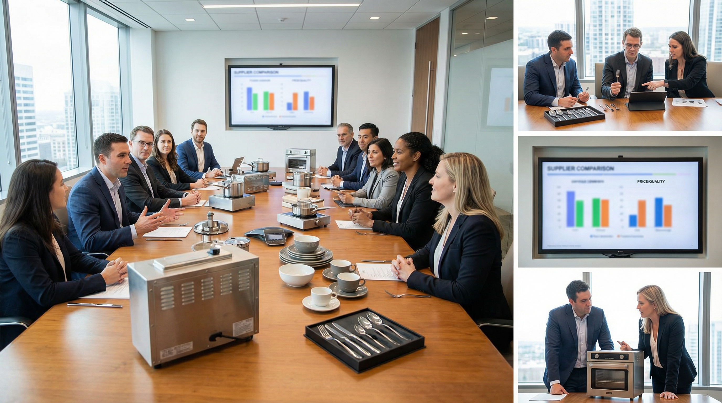 Procurement director conducting supplier review meeting to consolidate restaurant chain supply contracts and review quality standards