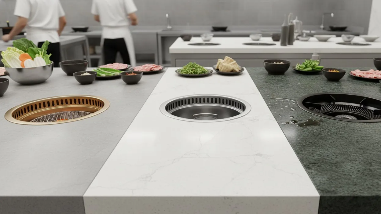 Close-up of luxury hot pot table surface featuring a brass BBQ grill, recessed induction burner, and fresh ingredients. Close-up of luxury hot pot table surface featuring a brass BBQ grill, recessed induction burner, and fresh ingredients.