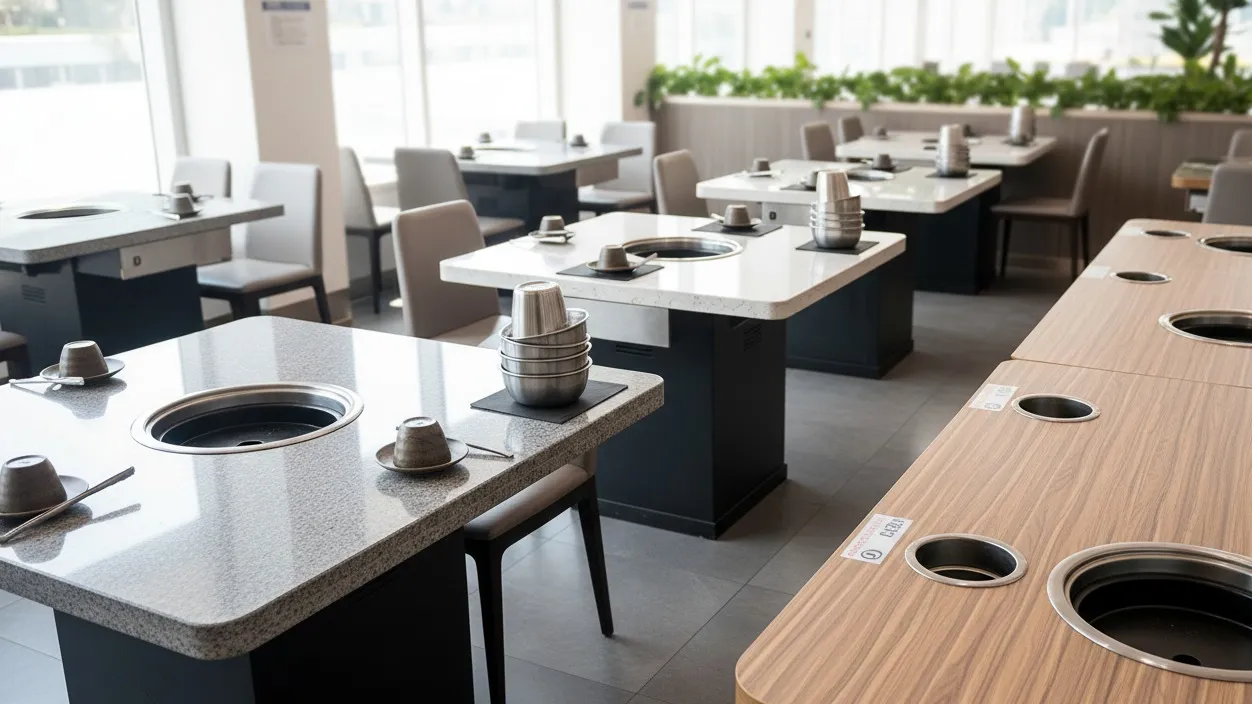 Modern commercial hot pot restaurant interior featuring granite tables with built-in induction cooktops and stainless steel tableware. Modern commercial hot pot restaurant interior featuring granite tables with built-in induction cooktops and stainless steel tableware.