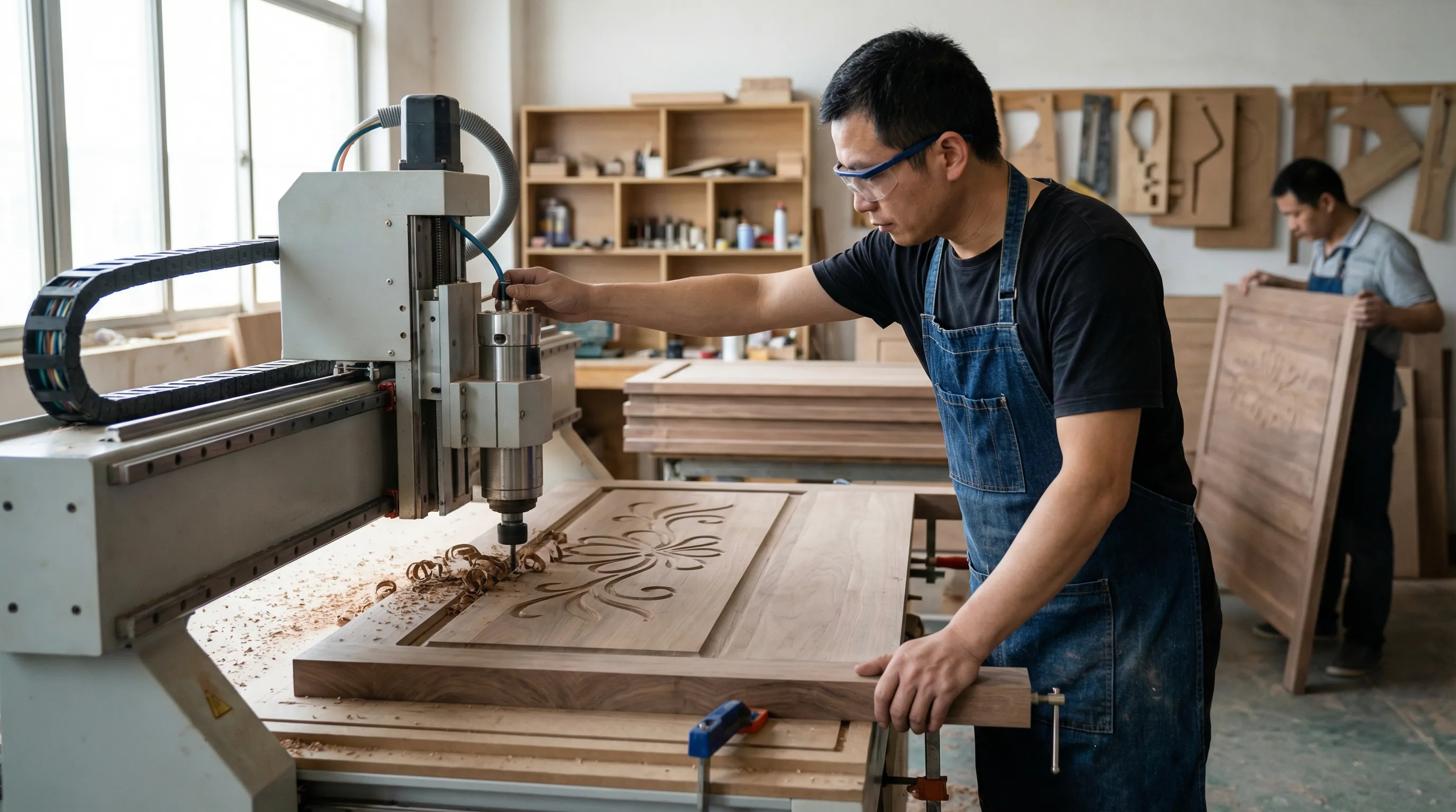 Craftsman applying custom logo embossing to hotel headboard using CNC routing in a Chinese furniture factory Craftsman applying custom logo embossing to hotel headboard using CNC routing in a Chinese furniture factory