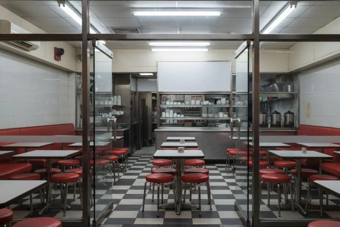 Interior of an empty Hong Kong tea restaurant with red stools, checkered floor, and stainless-steel counter. Interior of an empty Hong Kong tea restaurant with red stools, checkered floor, and stainless-steel counter.