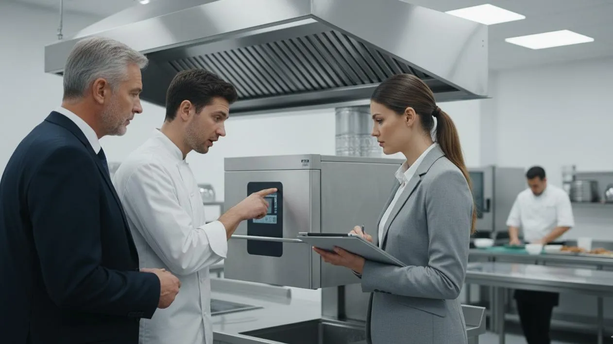 Chef pointing at commercial oven display panel while discussing features with a business executive and a manager taking notes on a tablet in a professional kitchen. Chef pointing at commercial oven display panel while discussing features with a business executive and a manager taking notes on a tablet in a professional kitchen.