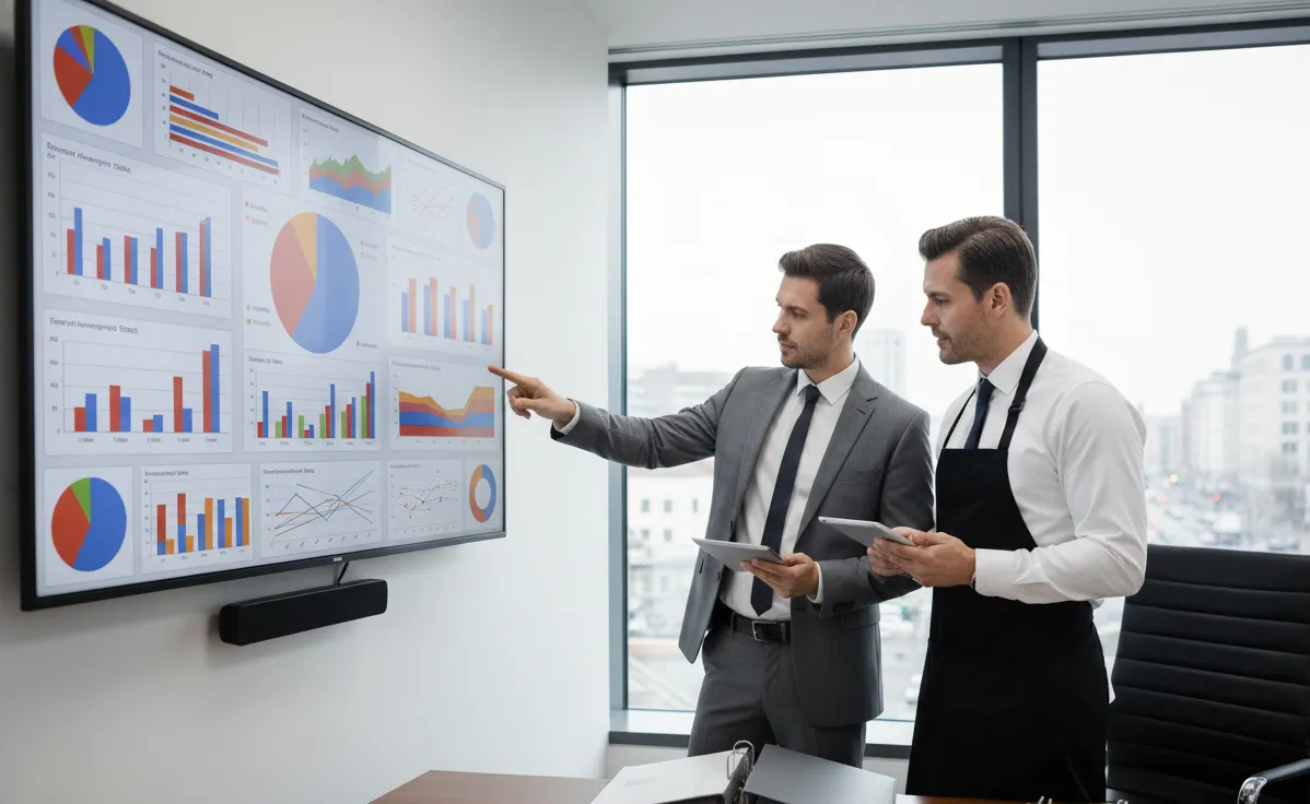 Two men in business attire reviewing colorful performance charts on a large wall-mounted screen in a modern office. Two men in business attire reviewing colorful performance charts on a large wall-mounted screen in a modern office.