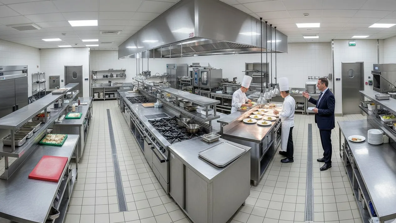 Wide-angle view of a professional hotel kitchen with two chefs plating dishes at the pass while a manager in a suit reviews the food. Wide-angle view of a professional hotel kitchen with two chefs plating dishes at the pass while a manager in a suit reviews the food.