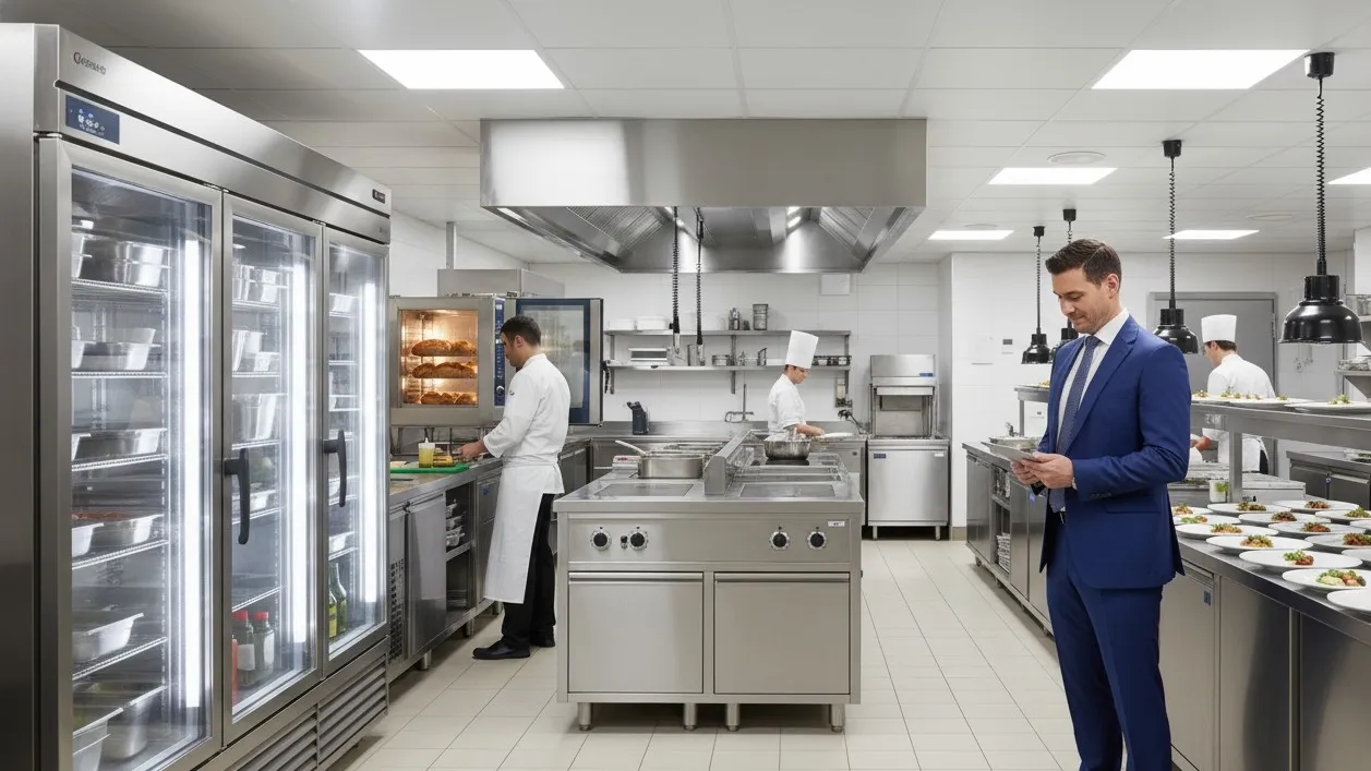 Hotel kitchen with chefs cooking and plating dishes under hooded ventilation while a manager in a blue suit reviews operations near upright refrigerators. Hotel kitchen with chefs cooking and plating dishes under hooded ventilation while a manager in a blue suit reviews operations near upright refrigerators.