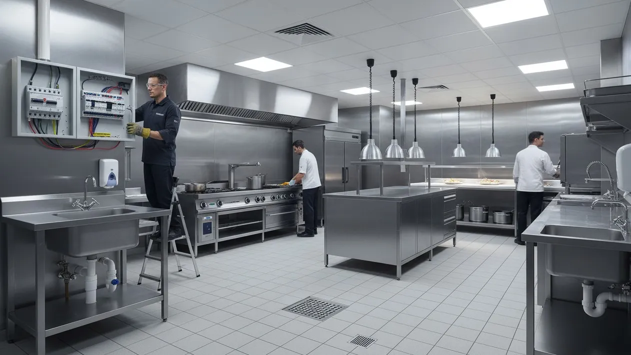 Electrician servicing distribution panels while chefs work in a stainless-steel commercial kitchen with floor drains and task lighting. Electrician servicing distribution panels while chefs work in a stainless-steel commercial kitchen with floor drains and task lighting.
