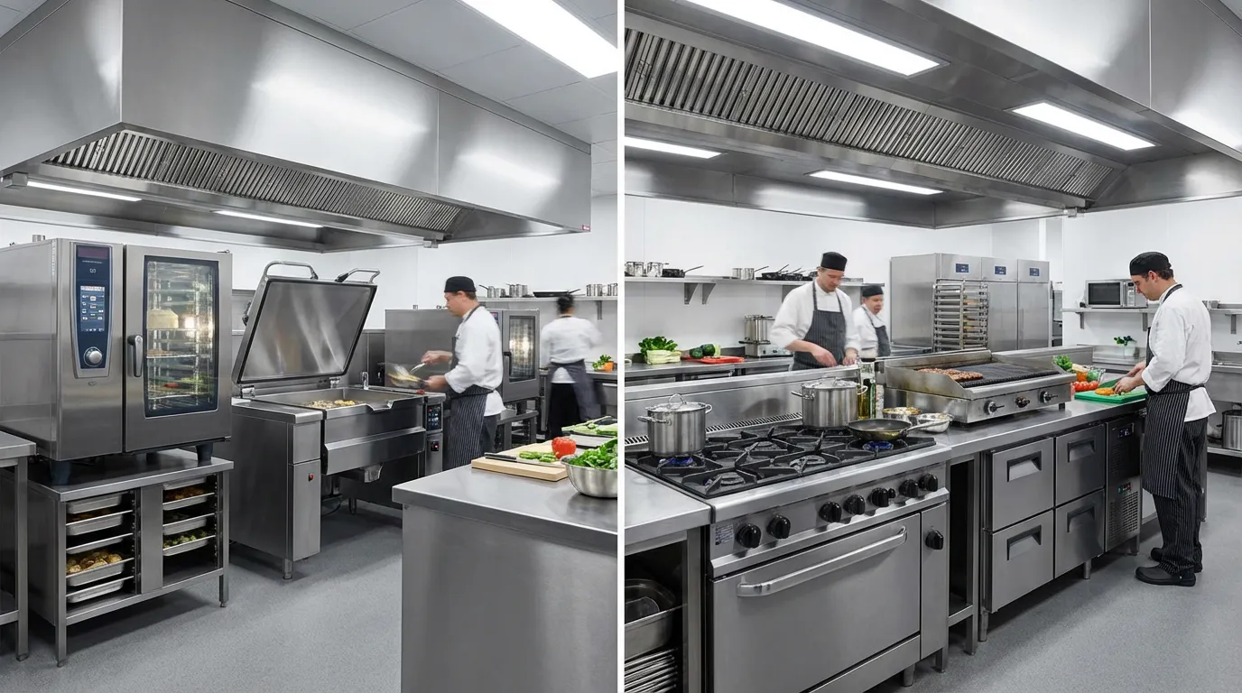 Side-by-side illustration comparing hotel kitchen equipment including combi ovens and bratt pans on the left with restaurant kitchen equipment like char-broilers and range tops on the right Side-by-side illustration comparing hotel kitchen equipment including combi ovens and bratt pans on the left with restaurant kitchen equipment like char-broilers and range tops on the right