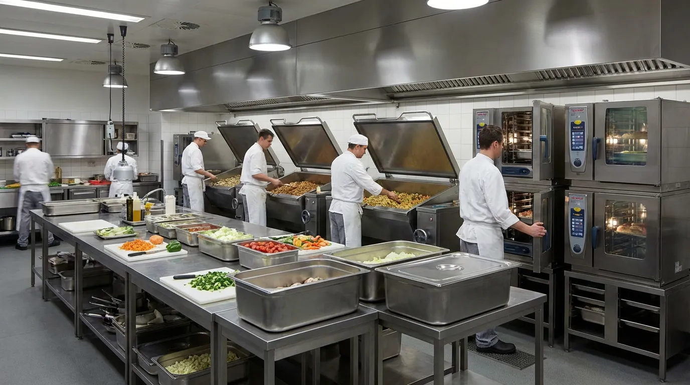 Hotel banquet kitchen with large tilting bratt pans and commercial combi ovens being used for high-volume batch cooking ahead of a banquet event Hotel banquet kitchen with large tilting bratt pans and commercial combi ovens being used for high-volume batch cooking ahead of a banquet event