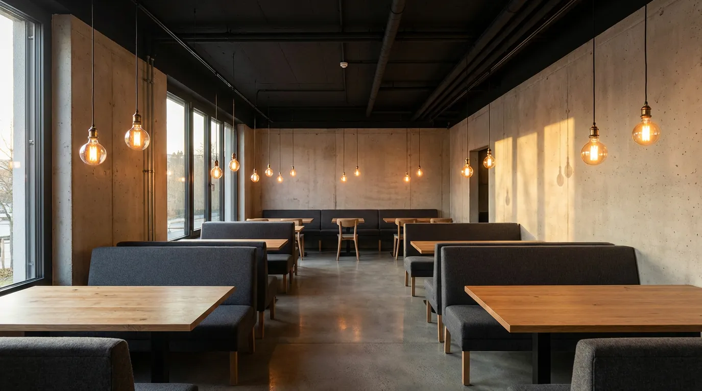 Warm Minimalist Soft Industrial Restaurant 2026 - Combining cozy textures with industrial elements for affordable luxury dining
