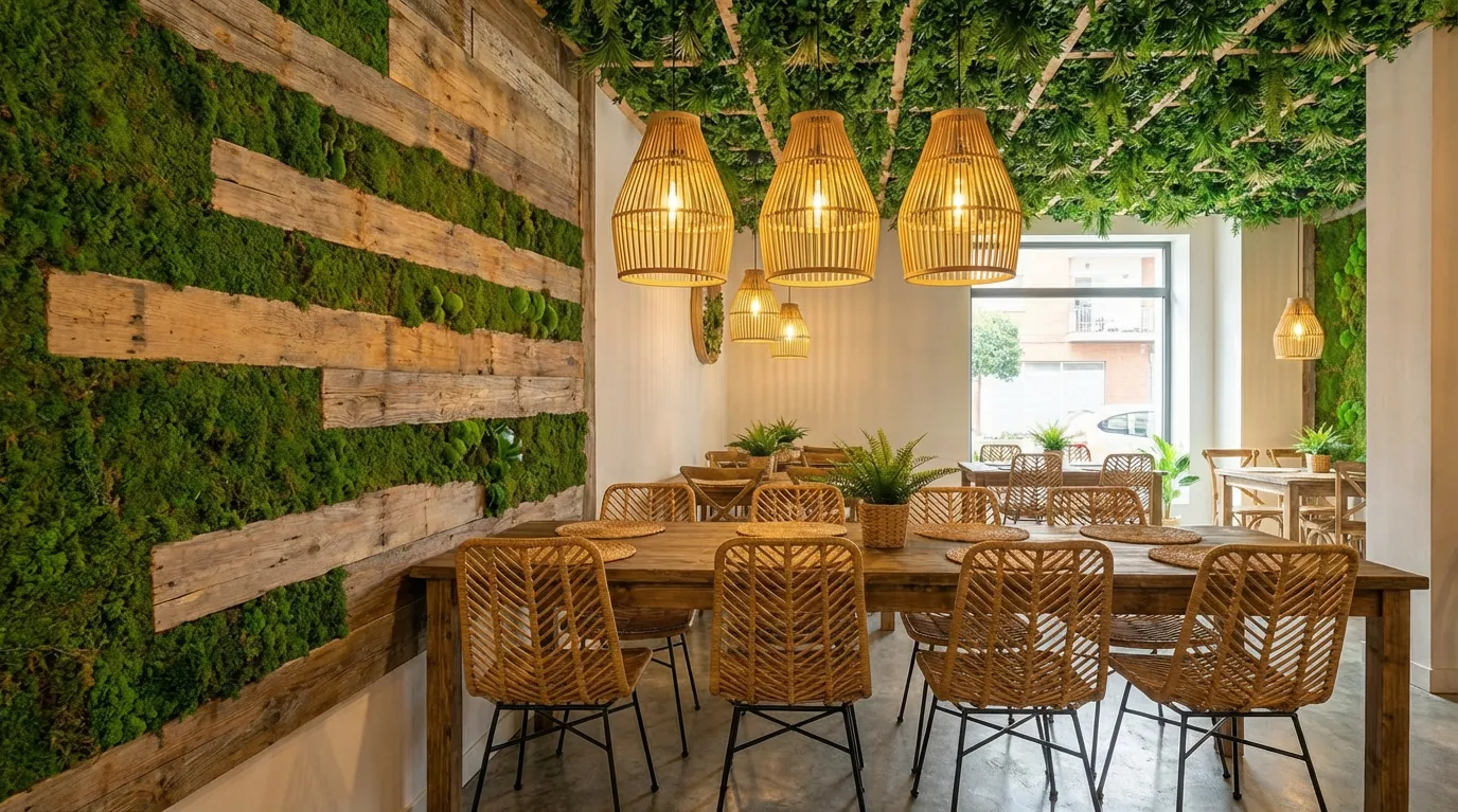 Biophilic Restaurant Wooden Textures - Natural wood accents and organic textures for warm atmosphere