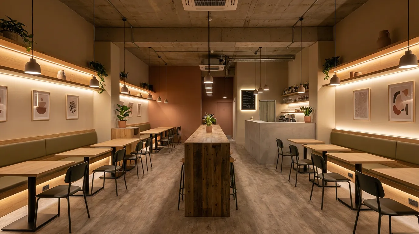 Low Budget Restaurant Interior Design 2026 - Modern hospitality space with warm minimalist aesthetic and cost-effective materials