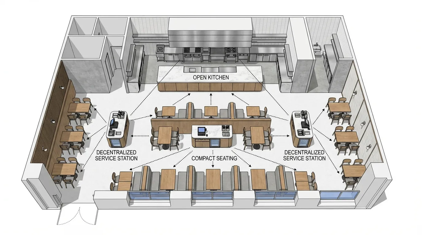 Labor Lean Restaurant Layout Decentralized - Decentralized service stations reducing staff walking distance and improving efficiency