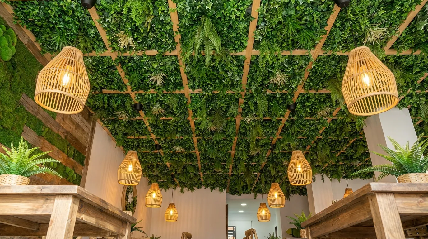 Biophilic Restaurant Moss Wall Acoustic - Preserved moss walls providing sound absorption with low maintenance