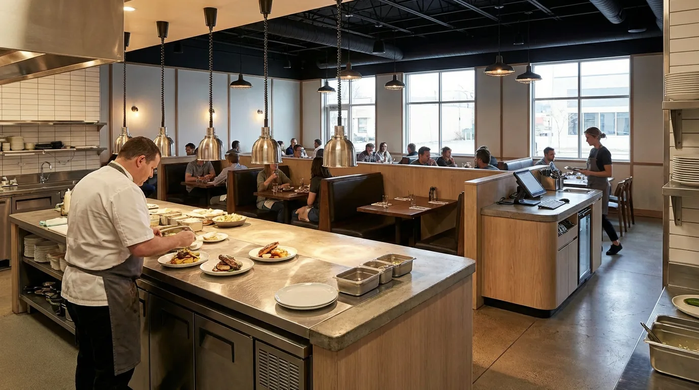 Labor Lean Restaurant Efficient Workflow - Optimized floor plan design showing efficient service flow and staff movement patterns