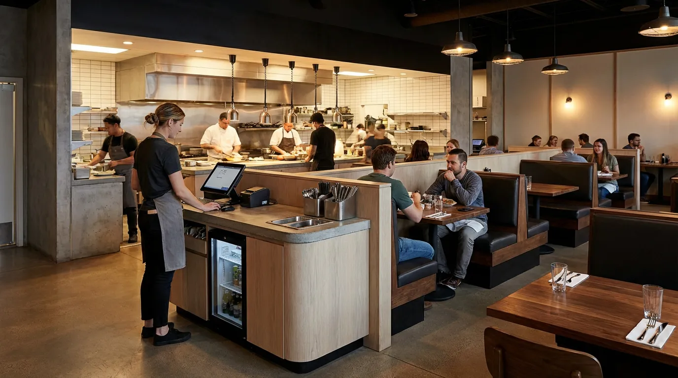 Labor Lean Restaurant Open Kitchen Design - Open kitchen layout maximizing space efficiency and creating dining theater