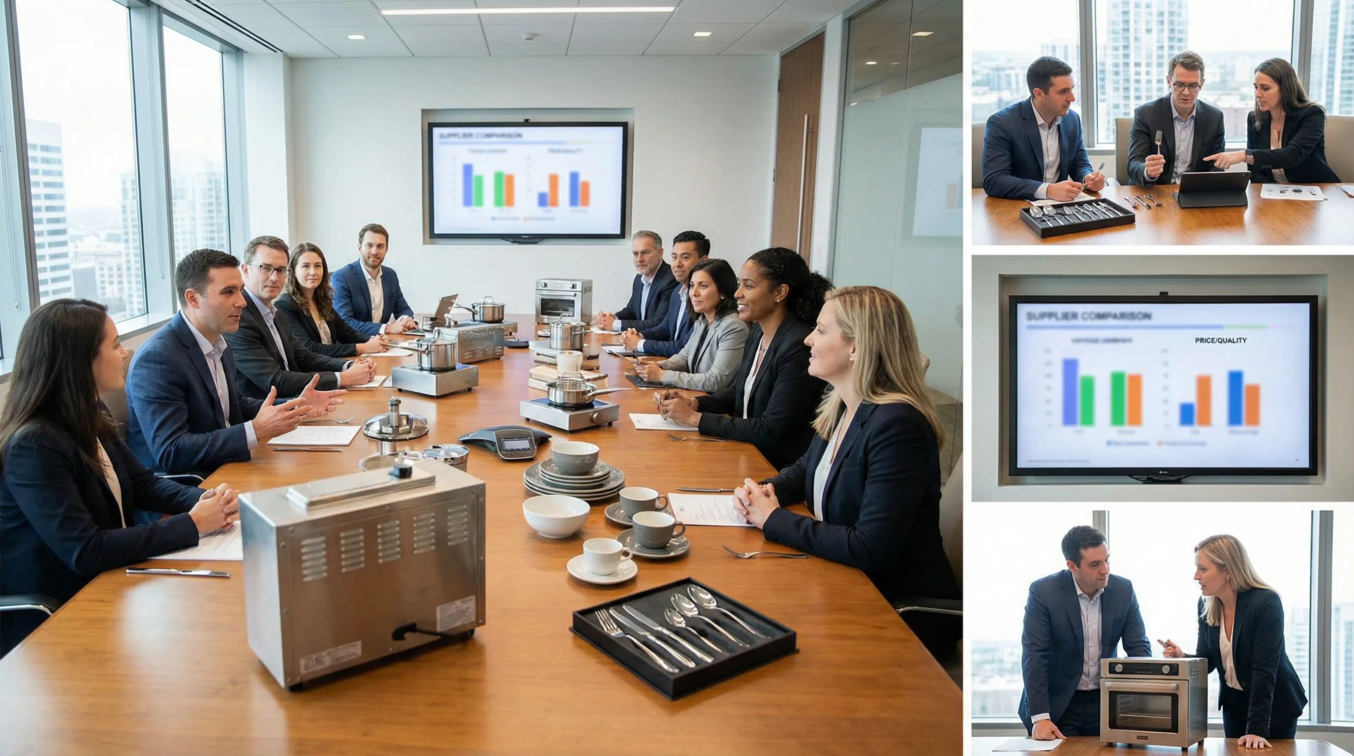Procurement director conducting supplier review meeting to consolidate restaurant chain supply contracts and review quality standards Procurement director conducting supplier review meeting to consolidate restaurant chain supply contracts and review quality standards