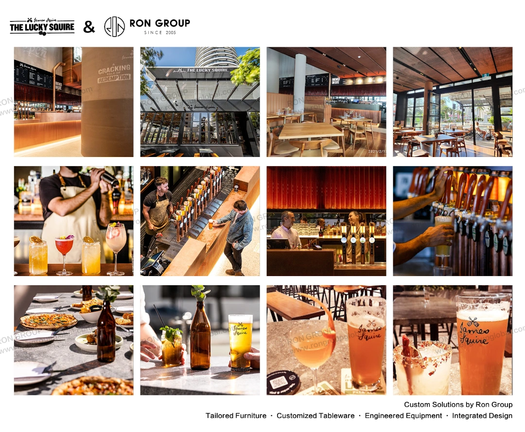 Collage of The Lucky Squire brewery and restaurant interior, exterior, and custom tableware provided by Ron Group