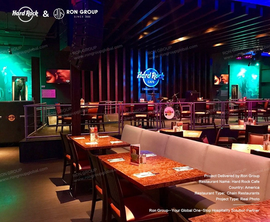 Custom dining furniture for Hard Rock Cafe Wood-grain dining tables paired with custom seating for Hard Rock Cafe