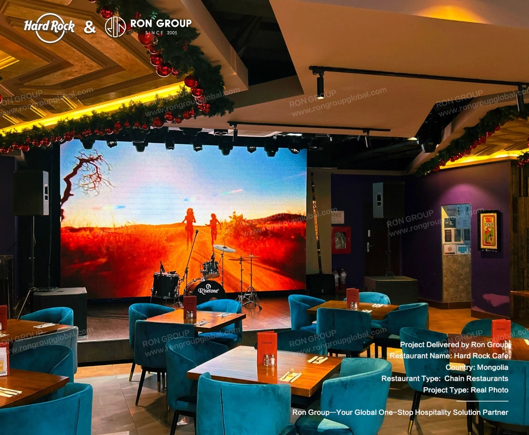 LED stage system for Hard Rock Cafe Large-format LED backdrop and stage setup for Hard Rock Cafe live performances