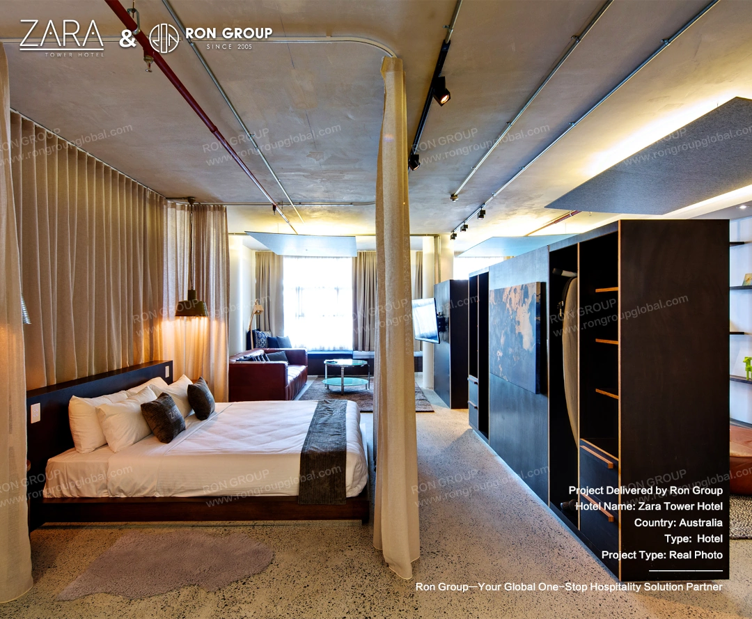 A bedroom featuring industrial loft aesthetics with warm wooden accents and custom partition systems