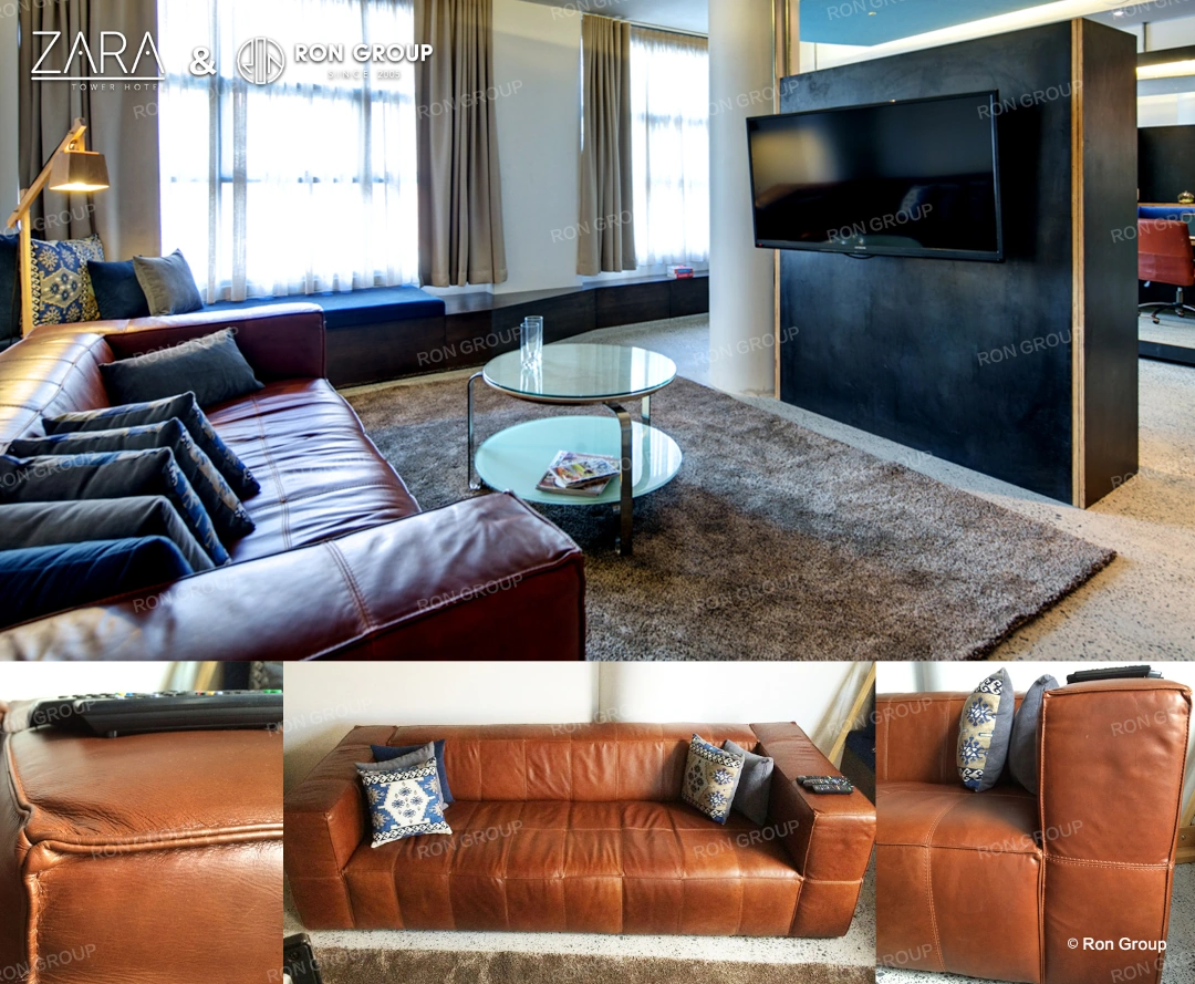 A close-up of a premium leather sofa showing craftsmanship and material quality