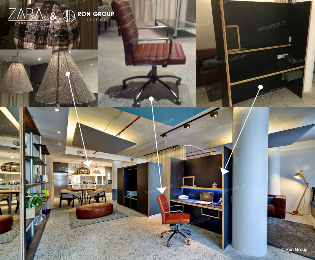 An integrated desk area with specialized lighting and an ergonomic chair in a SoHo suite