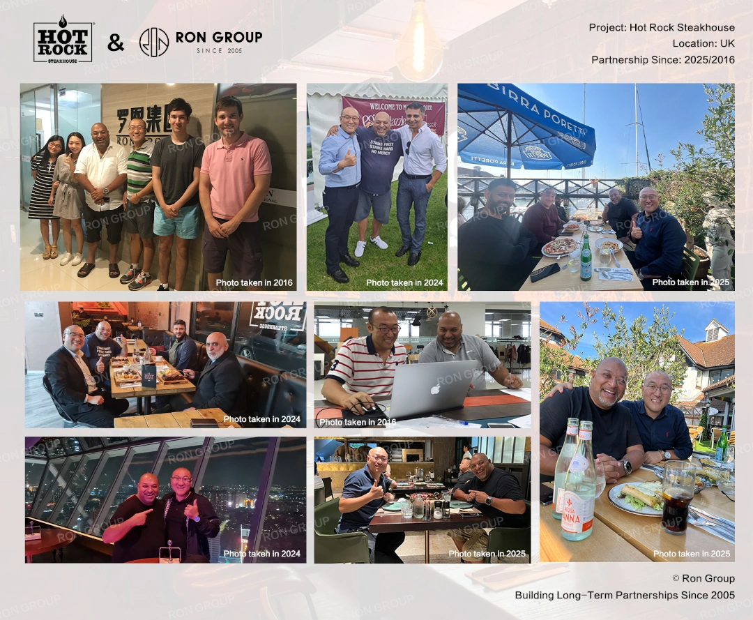 Long-Term Partnership with Hot Rock Steakhouse A collage showing Ron Group's long-term business relationship and project communication with the Hot Rock Steakhouse team across different years.