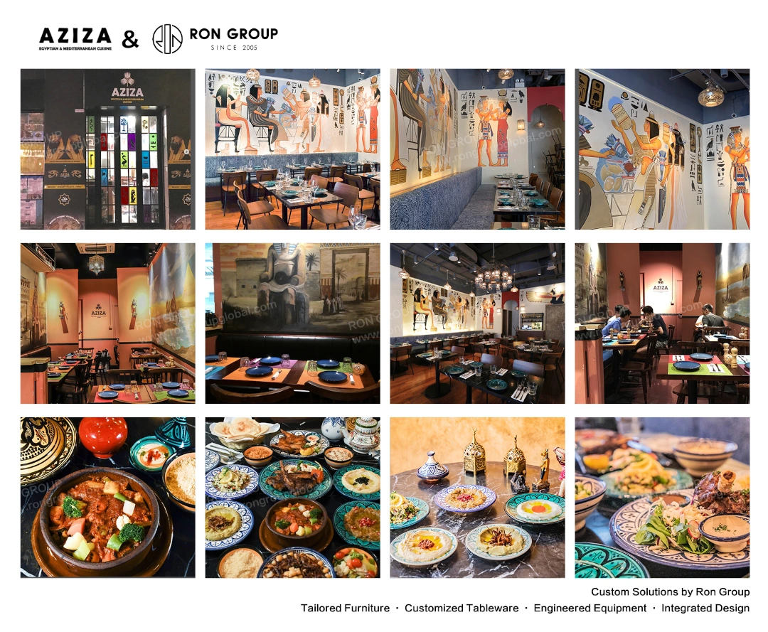 AZIZA project overview with custom solutions: furniture, tableware, equipment, integrated design