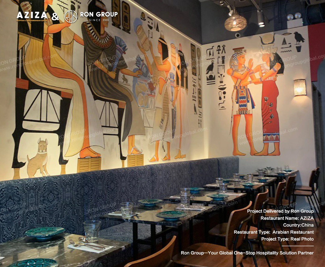 Close-up view of patterned mural and adjacent seating finish