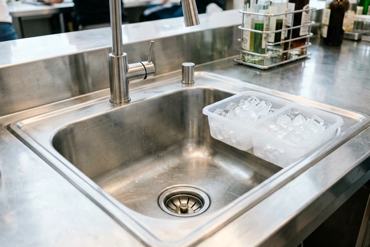 Close-up of a stainless steel bar sink with two plastic ice bins resting on the rim.