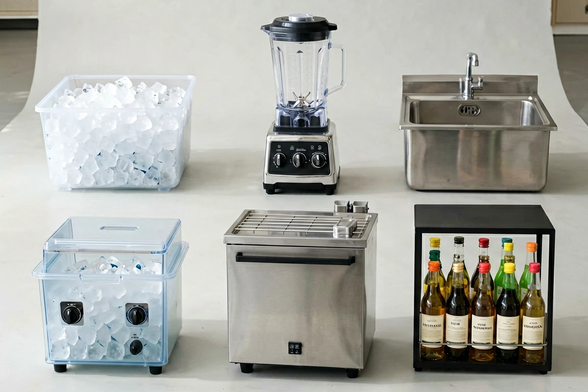 A collection of essential bar equipment including a commercial blender, stainless steel ice bins, a prep sink, a warming station, and a bottle rack, arranged on a white surface.