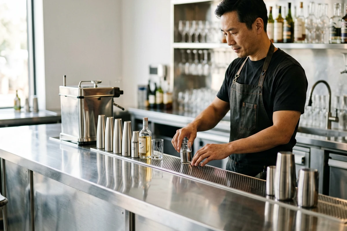 A professional bartender preparing drinks at a modern stainless steel bar counter equipped with shakers, bottles, and glassware.