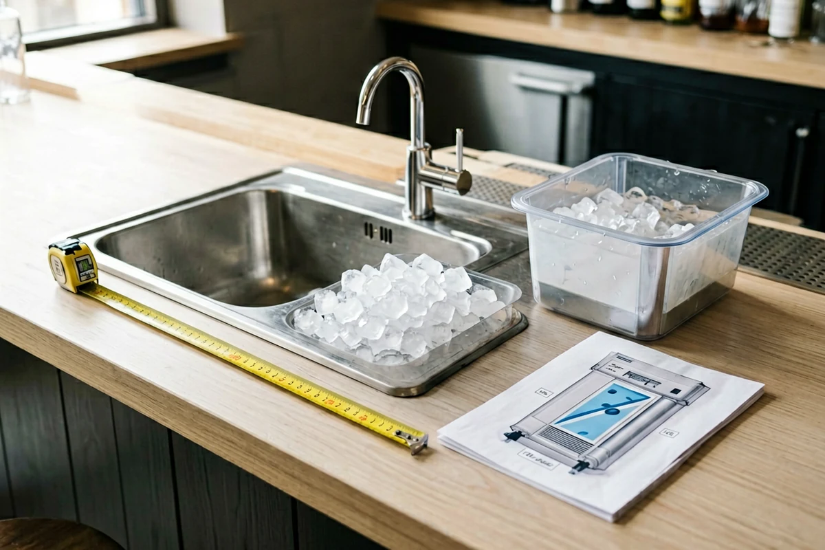 A stainless steel bar sink with ice trays and a container of ice on a wooden countertop, next to a measuring tape and a blueprint sketch of a bar unit.