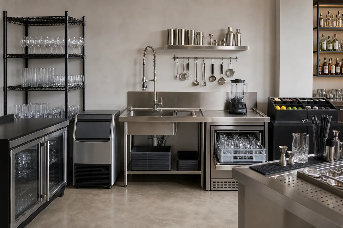 Commercial bar equipment set with ice maker, glasswasher, sink, blender, and refrigeration