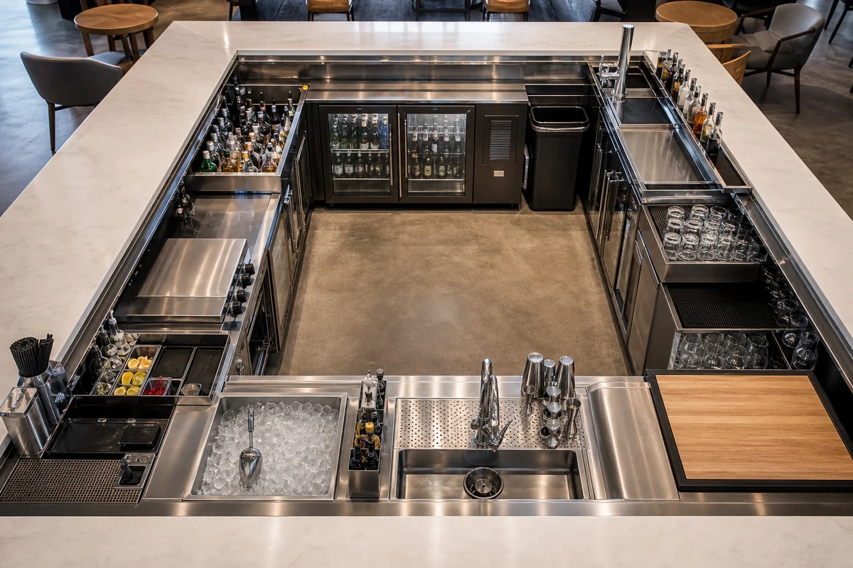 Top view of an efficient commercial bar layout with preparation, washing, and storage zones