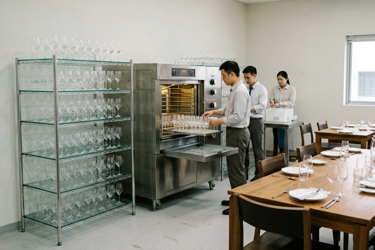 Glass racks moving from washing to storage and service pickup