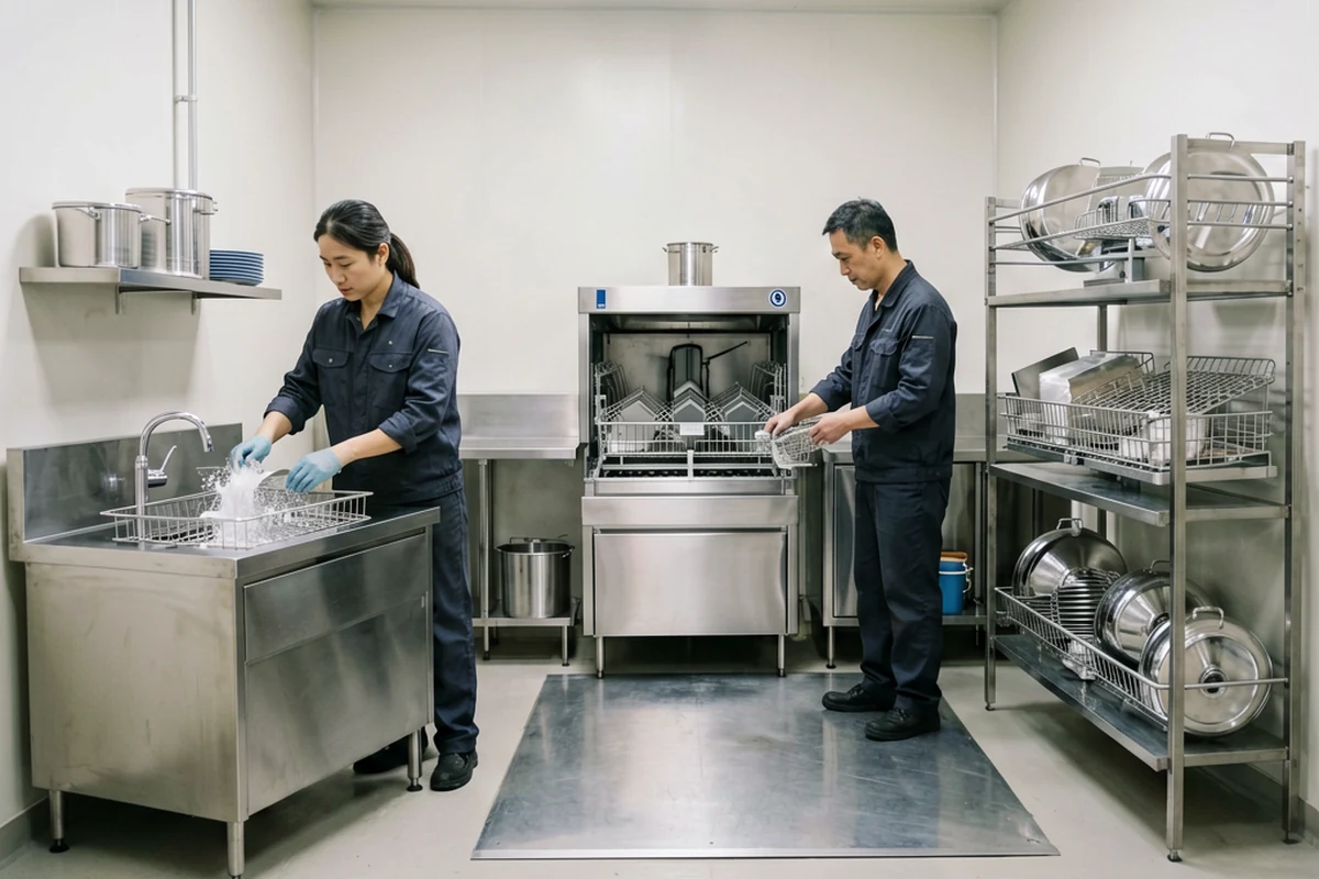 Complete commercial warewashing area with dirty and clean landing zones