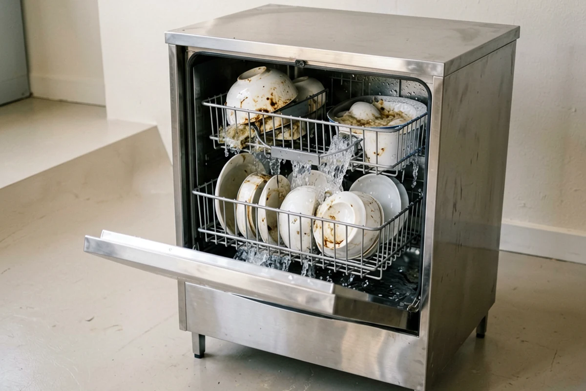 Restaurant dishwashing workflow from scraping to clean rack storage