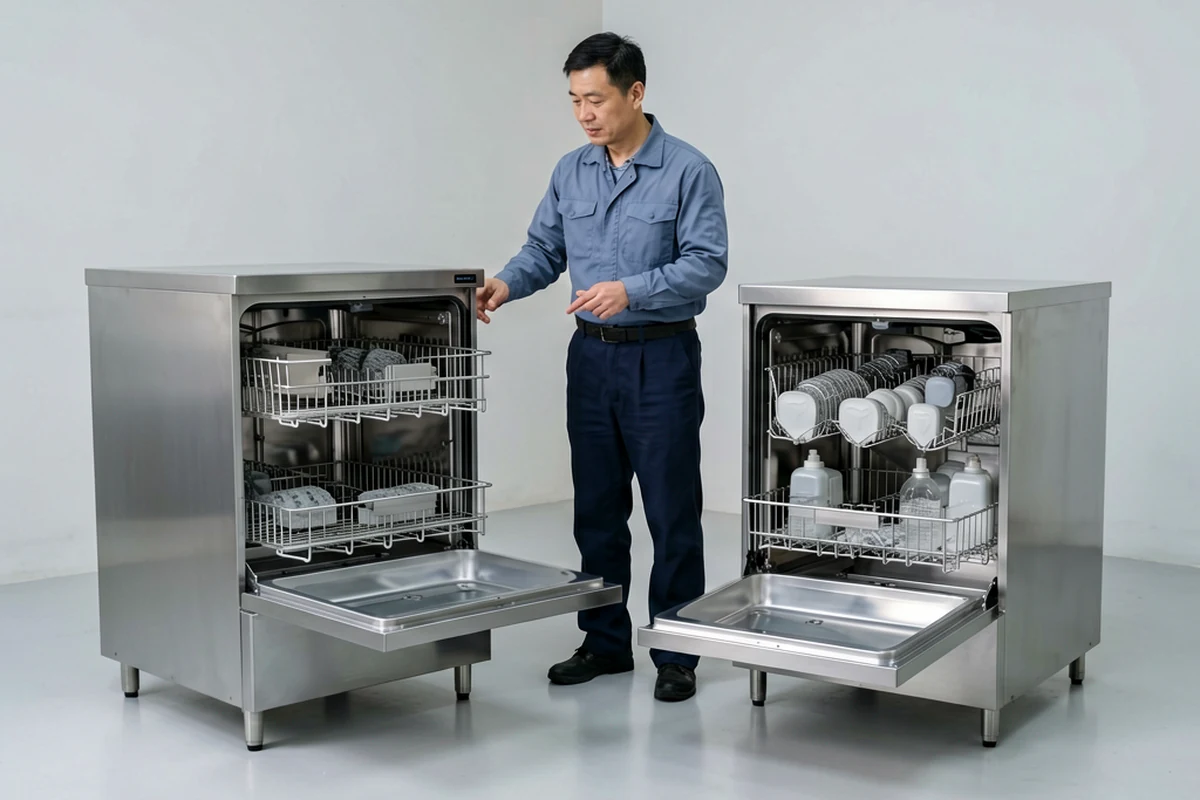 Operator comparing two commercial dishwasher configurations