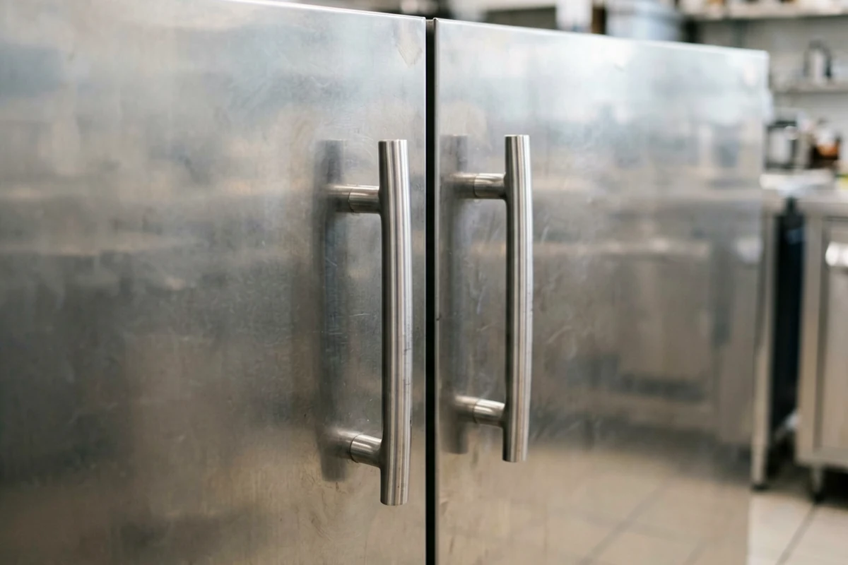 Close-up of stainless steel commercial refrigerator doors with vertical metal handles in a professional kitchen setting.