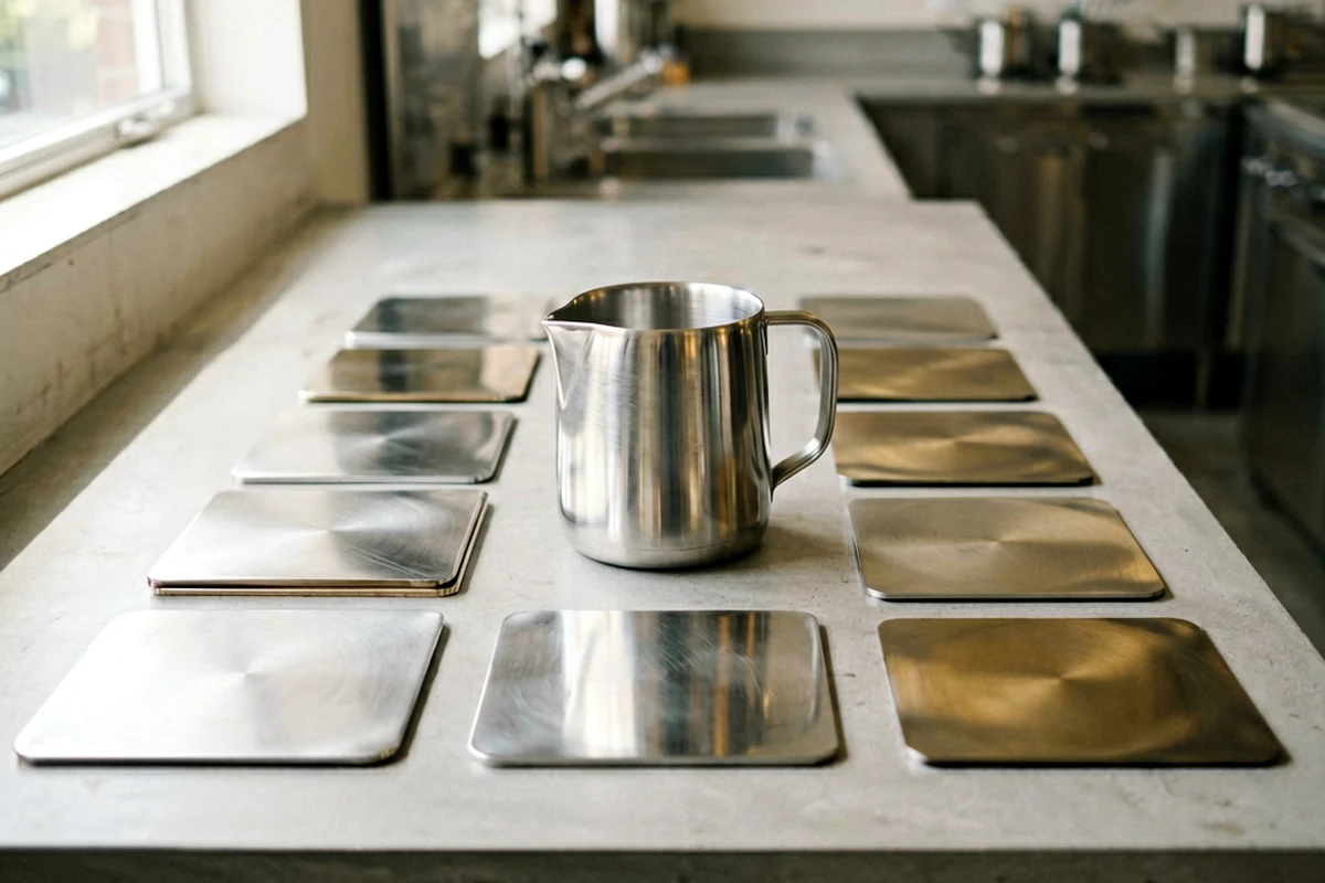 A stainless steel milk pitcher sits on a concrete commercial kitchen counter surrounded by an array of square metal coasters.