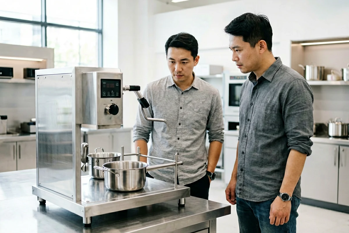 Two men inspecting a stainless steel commercial dishwashing machine in a modern industrial kitchen.