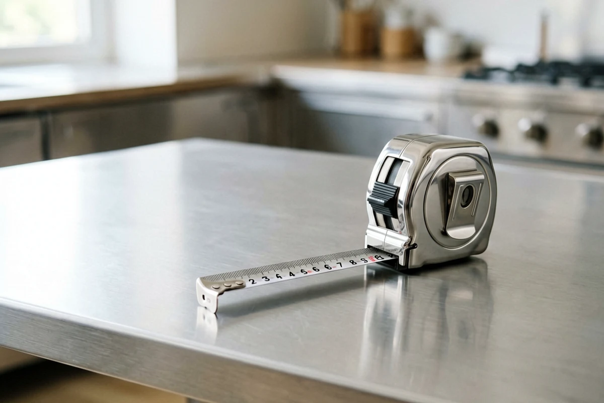 A stainless steel tape measure extended on a commercial stainless steel kitchen table, symbolizing precise planning for kitchen equipment.