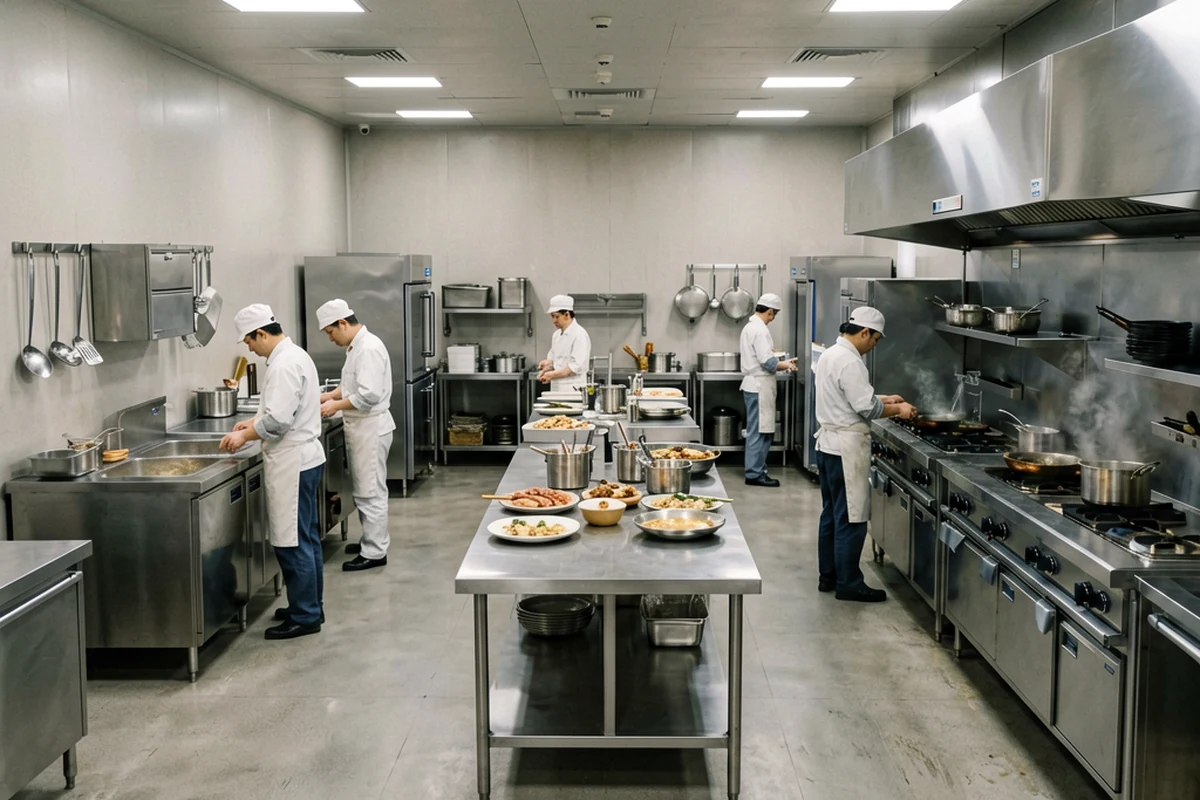 Complete restaurant kitchen arranged around realistic production workflow
