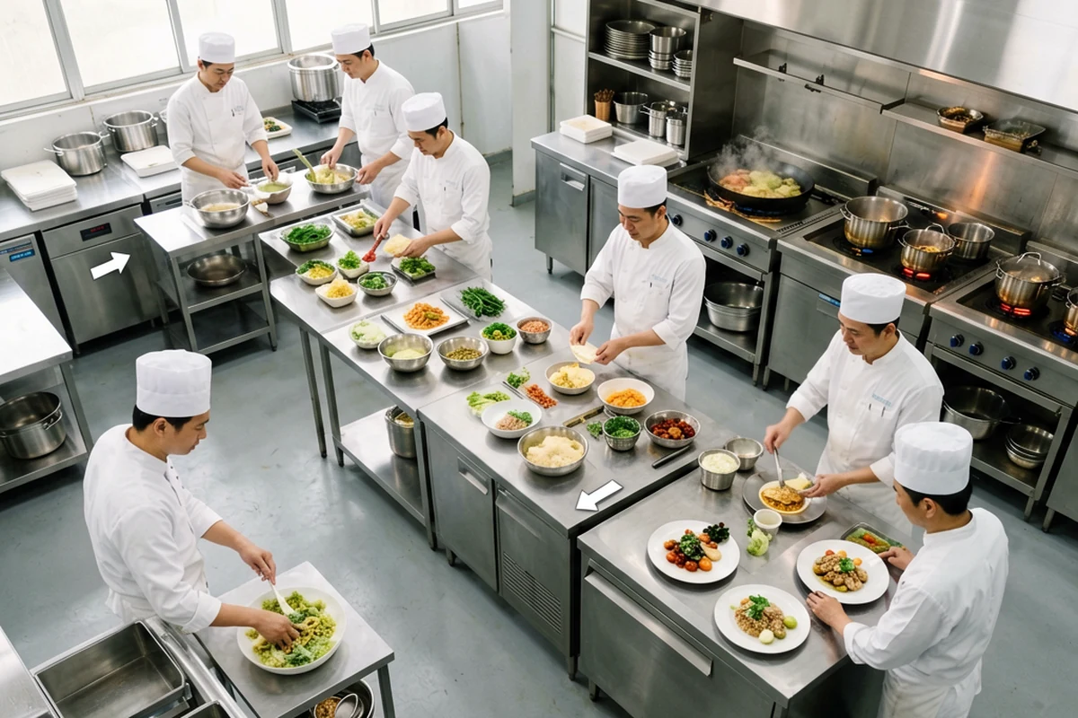 Chefs moving through preparation cooking plating and washing zones
